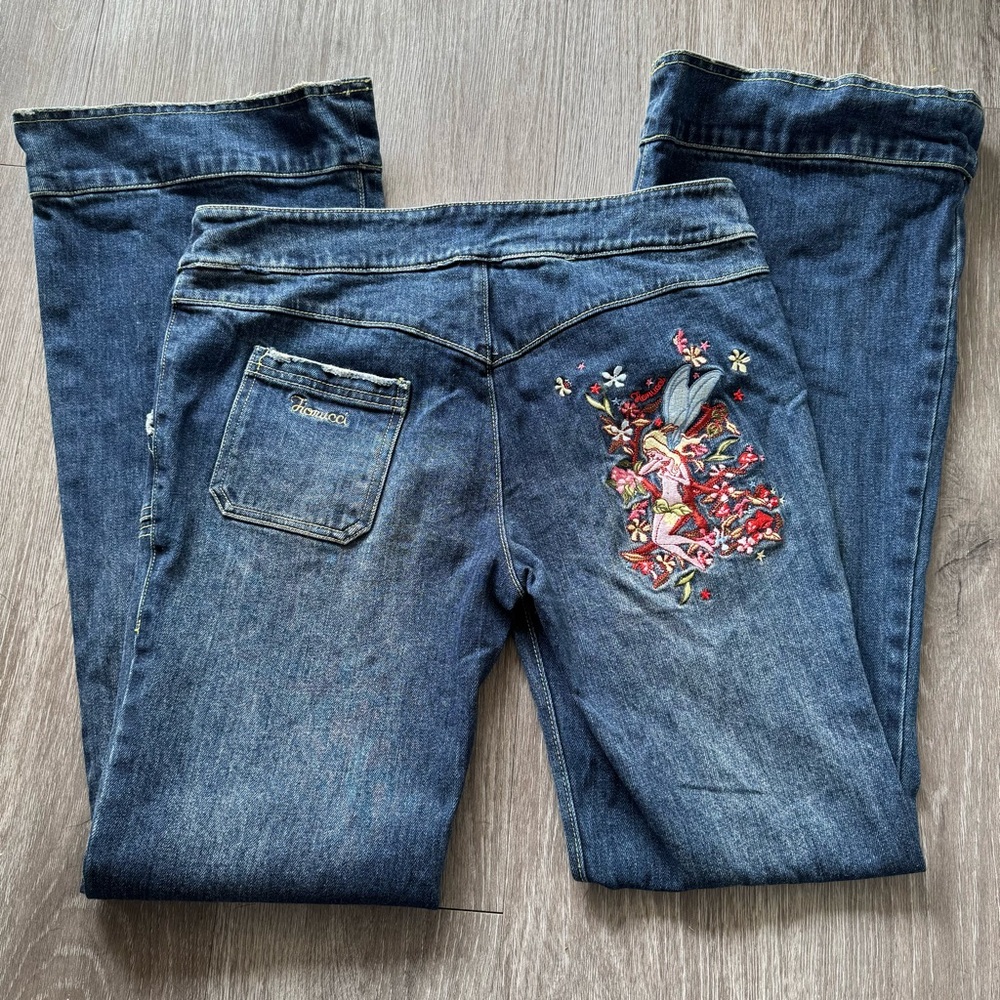 Rare Fiorucci 2006 Fairy Embroidered Flare Y2K Italian Euro Denim Floral Jeans